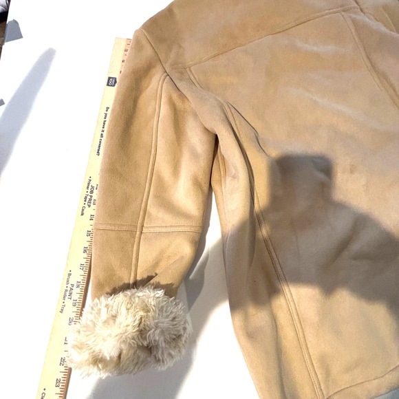 Liz Claiborne Faux Suede Coat Jacket Faux Fur‎ Collar Cuffs Tan Medium M - Picture 3 of 10